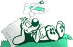 Logo du Chenil Saint-Roch : chien endormi rêvant d’un os